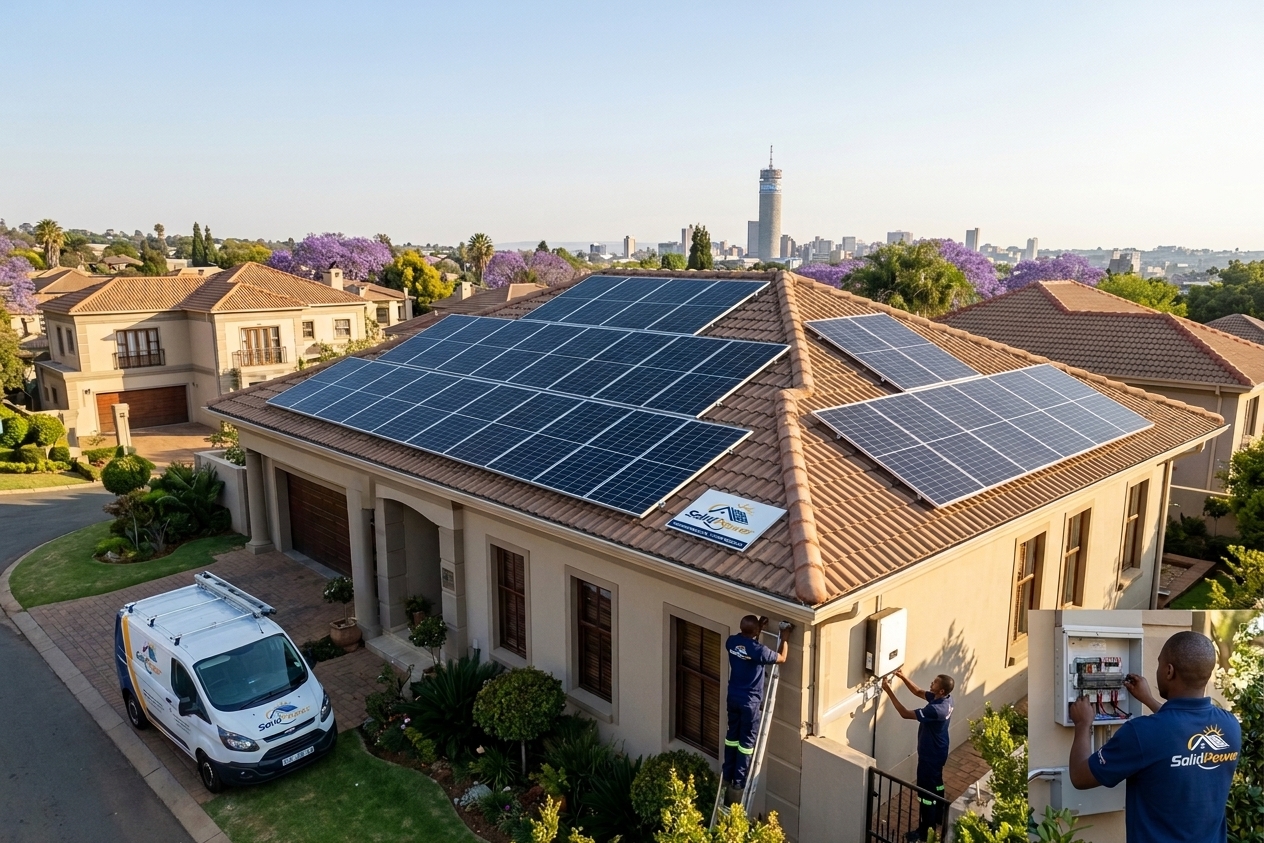 Modern Johannesburg home with rooftop solar panels at sunset
