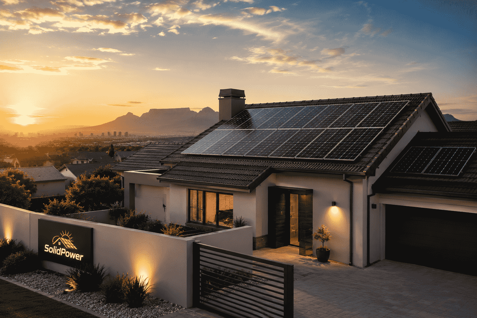 Modern South African home with rooftop solar panels at sunset
